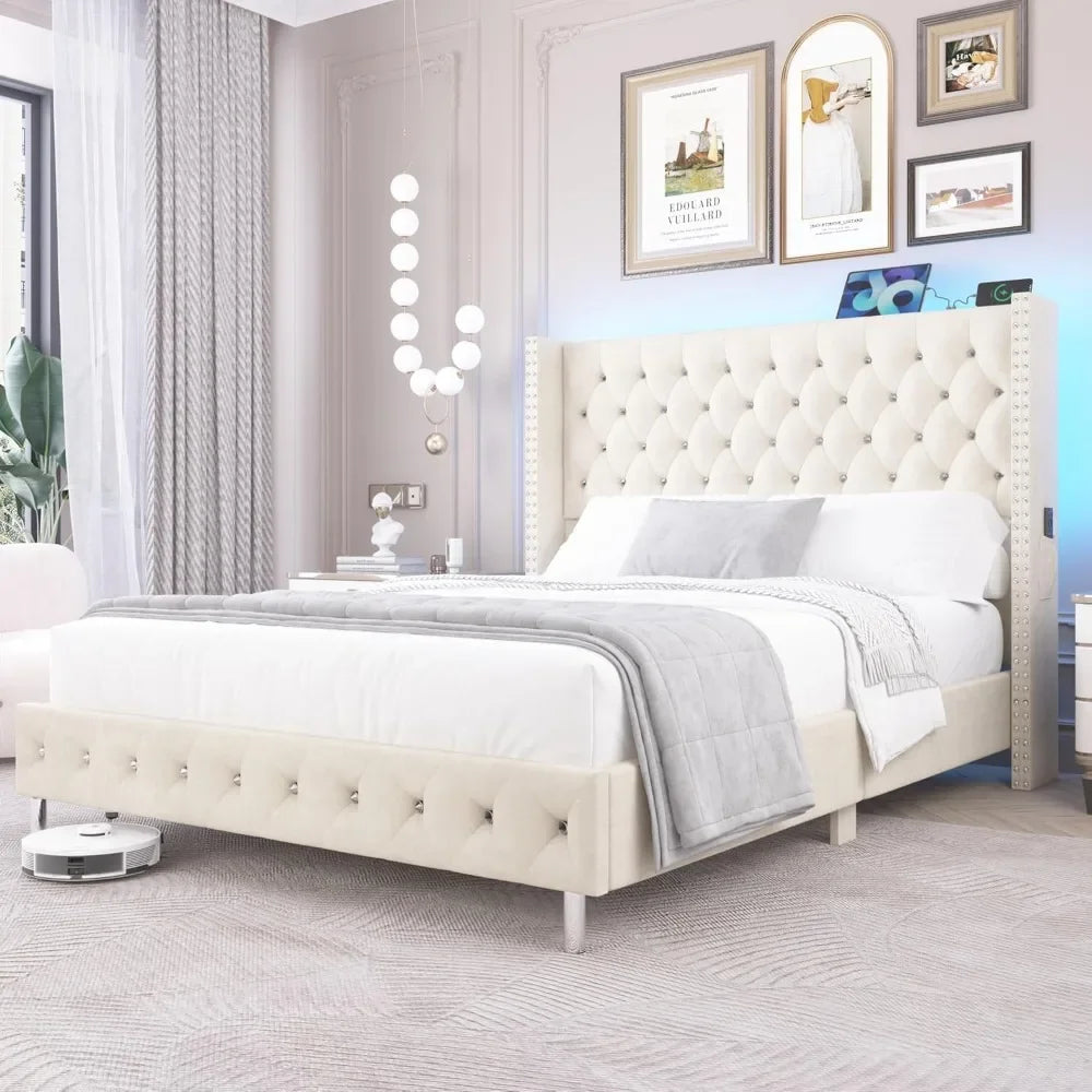 Queen LED Bed Frame with Wingback Headboard, Velvet Diamond Button Tufted Bed Frame w/USB&Type-C Ports Bed Frame