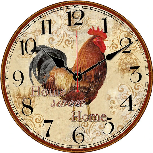 Vintage Rooster Wall Clock Round Silent Clocks Wall Mounted Carfts Art Decor For Home Bedroom Living Room Office Decoration