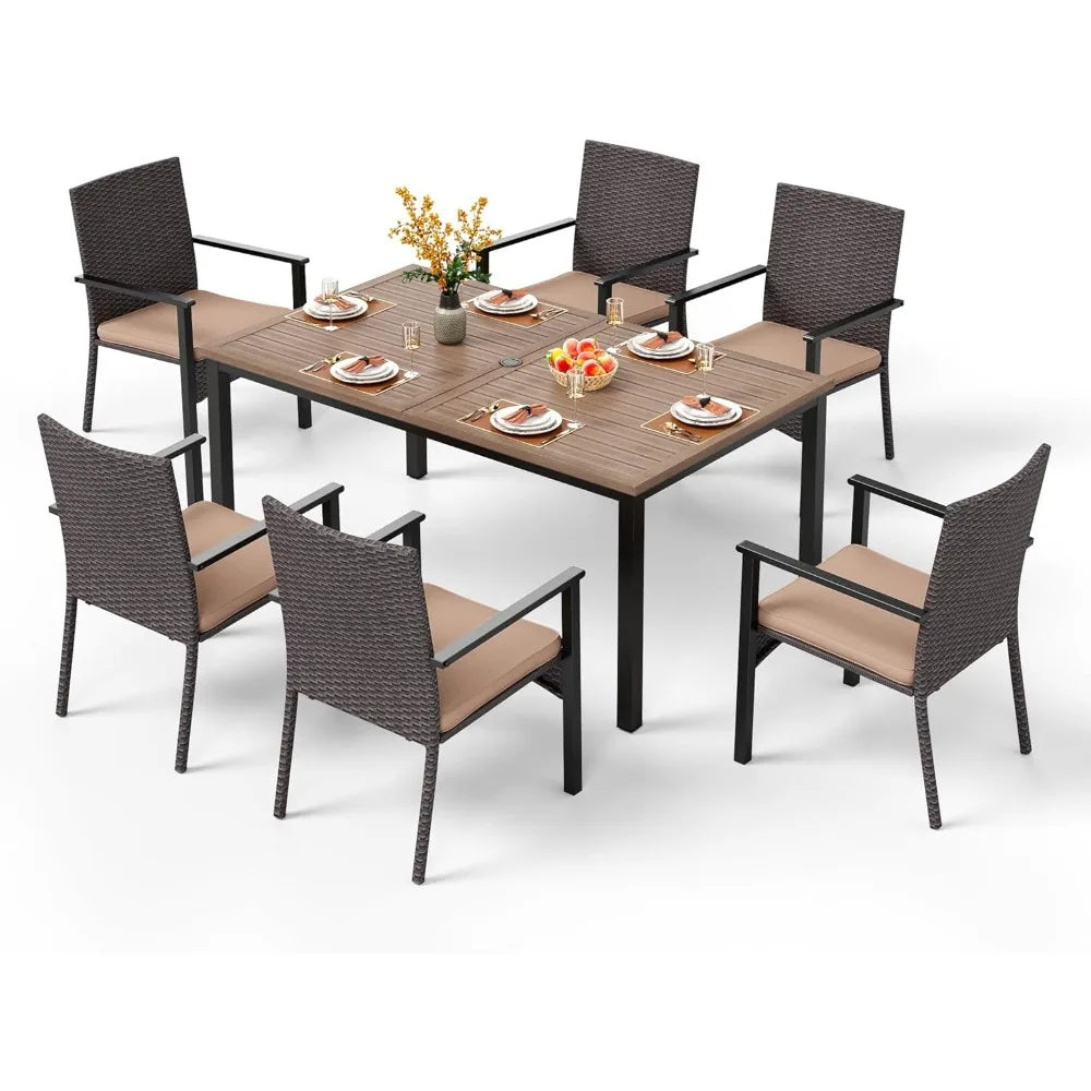 7Pieces Patio Dining Set,65” Wood-Like Metal Steel Dining Table & Rattan Wicker Chairs with Cushions,Large Dining Furniture Sets