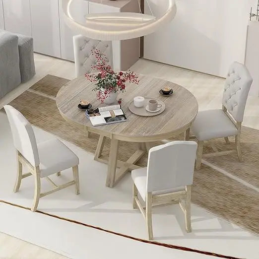 Wood Dining Furniture Set, 5 Piece Round Extendable Dinings Room Table Set with Upholstered Chairs, Dining Table and Chairs