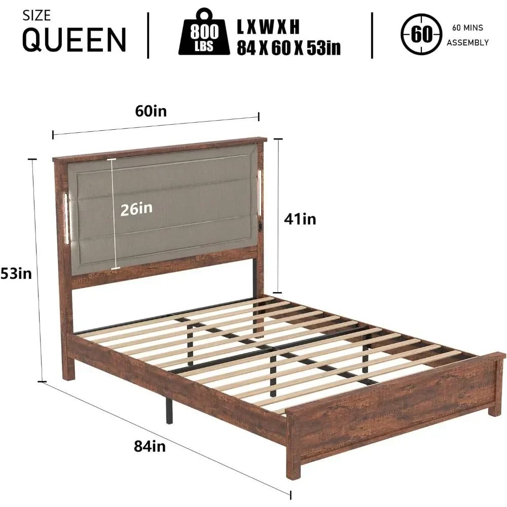 Bed Frame with Tall Headboard & LED Light, Wooden Support Platform Bed Frame Linen Upholstered Headboard with Charging Station