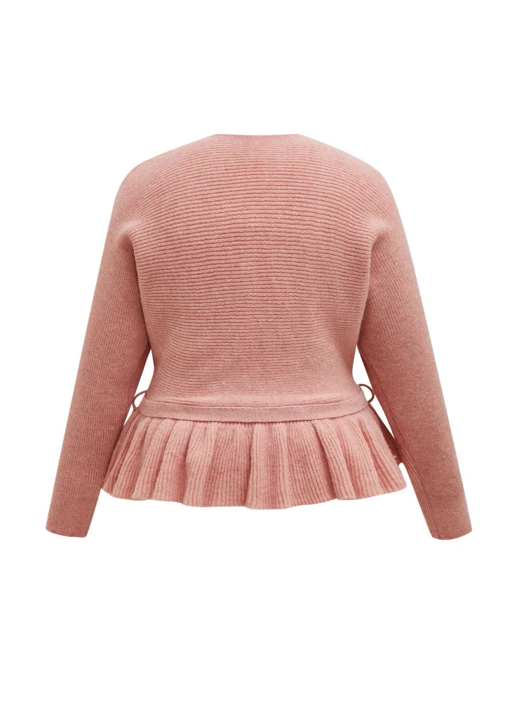 ONELINK Pink Autumn Winter Plus Size Women Woolen Pullover Sweater V Neck Cross Wrap Ruffle Hem Belt Waist Oversize Clothing