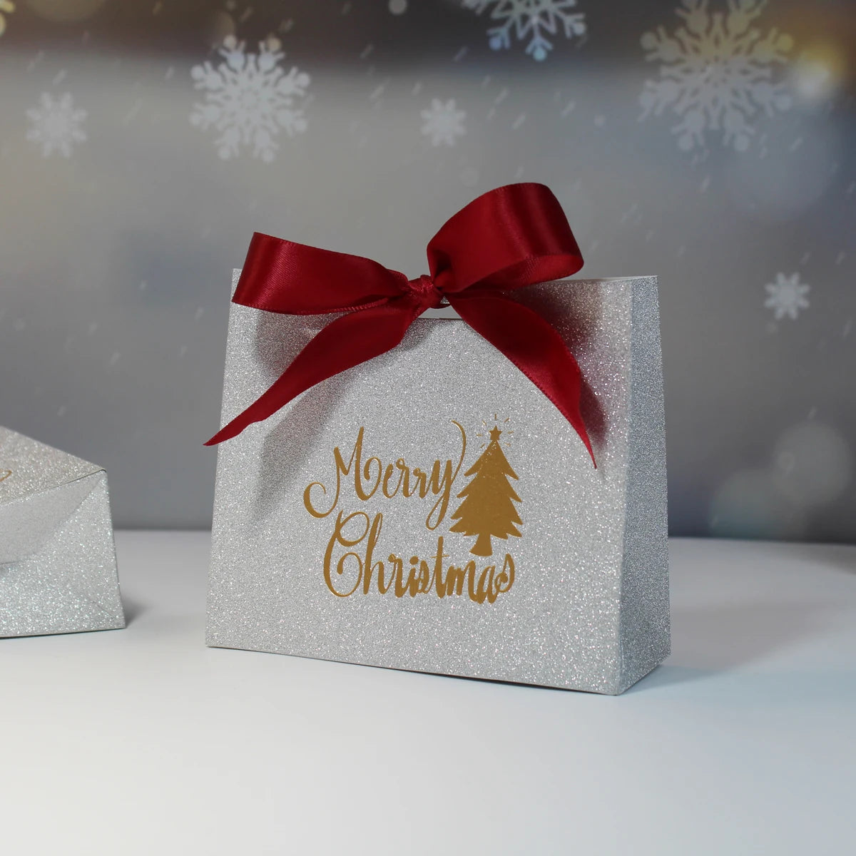 Merry Christmas Gift Box and Bags with Ribbon for Wrapping Cookies and Candy Box Christmas Gift Bags Gold Foil Design and Ribbon