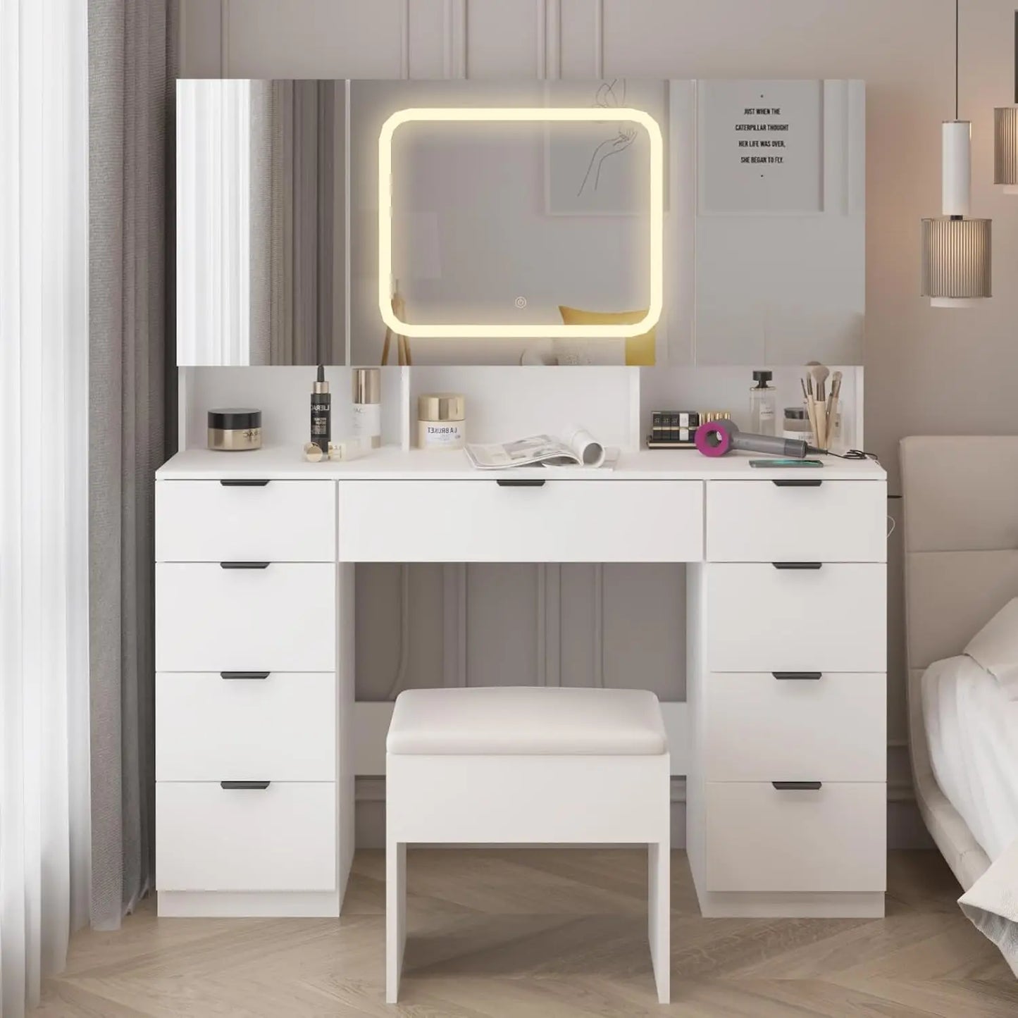 Vanity Table Set with LED Lighted Mirror, Makeup Vanity Desk with Charging Station Storage Cabinets & Drawers Cushioned Stool