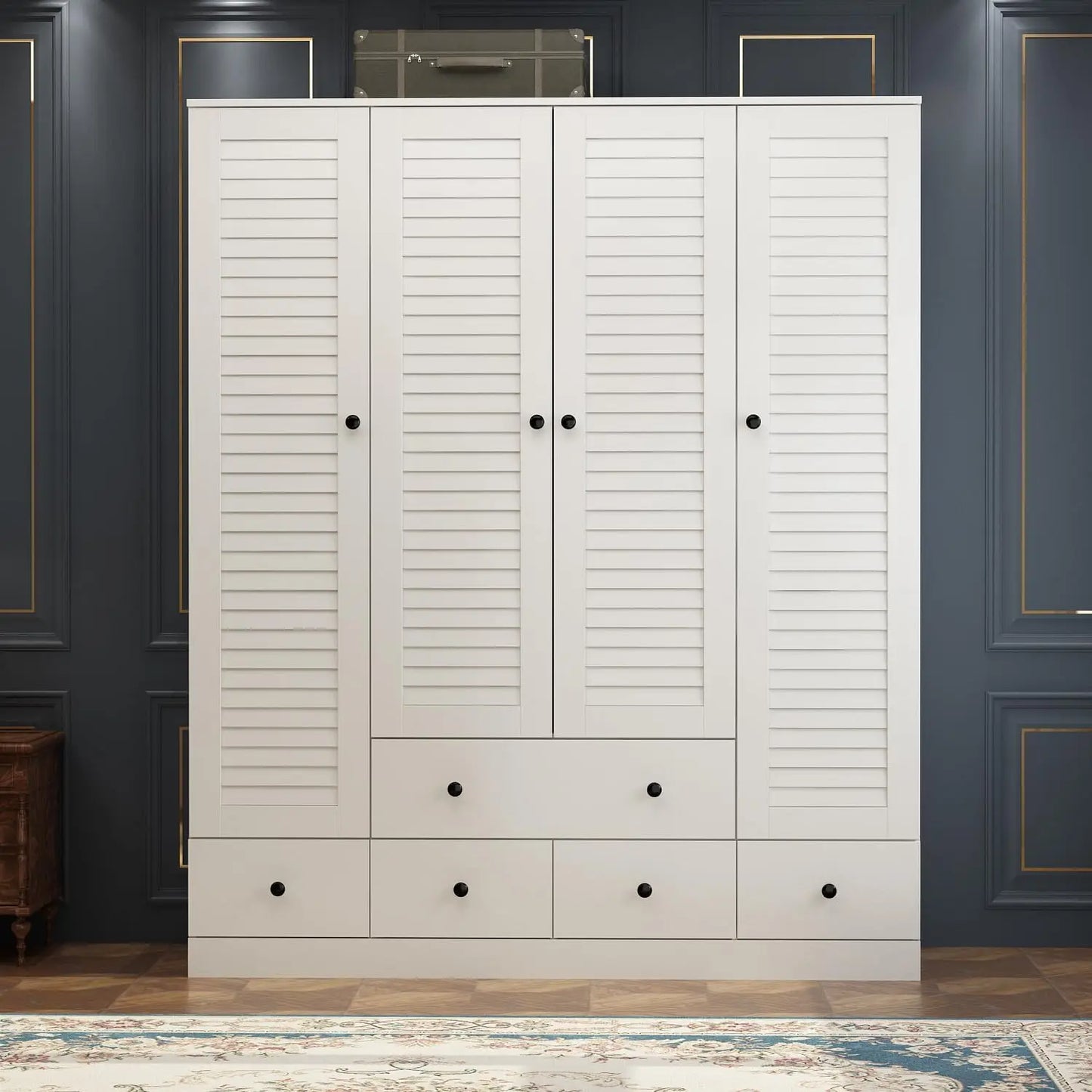 Wardrobe Armoire with 4 Louvered Doors, Wardrobe Closet for Bedroom with Hanging Rod & 5 Drawers, Bedroom Armoire Free shipping