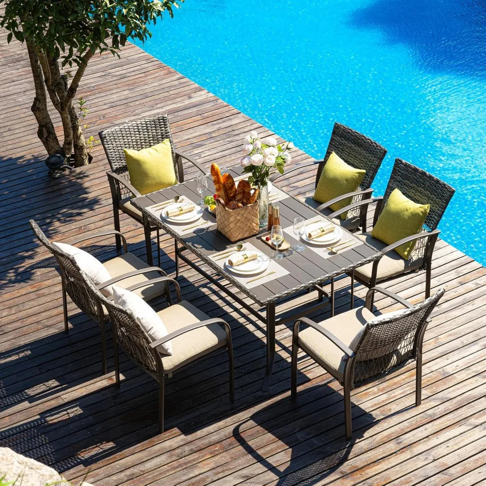 7 Piece Patio Dining Set,for Backyard Garden Deck Poolside/Iron Slats Table Top, Removable Cushions,Outdoor Wicker Furniture Set