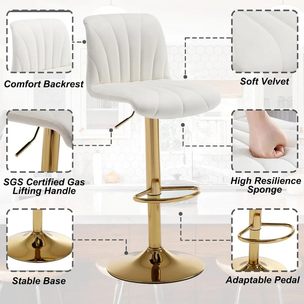 Swivel Bar Stools Set of 4, Counter Height Barstools with Golden Base, 5 Minute Assembly, Adjustable Velvet Armless Bar Chair