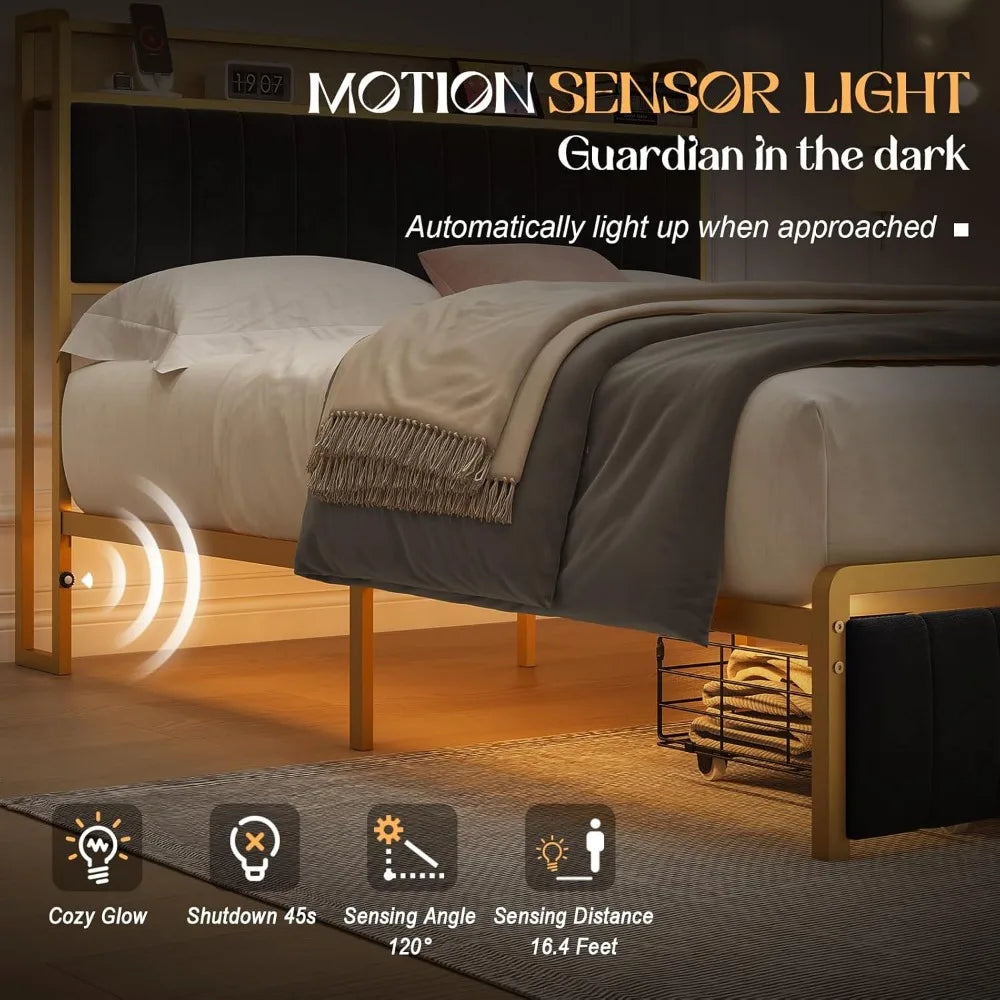 Bed Frame with Motion Activated Light, LED Platform Bed with Integrated Drawer and Storage Headboard Charging Station, Bed Bases