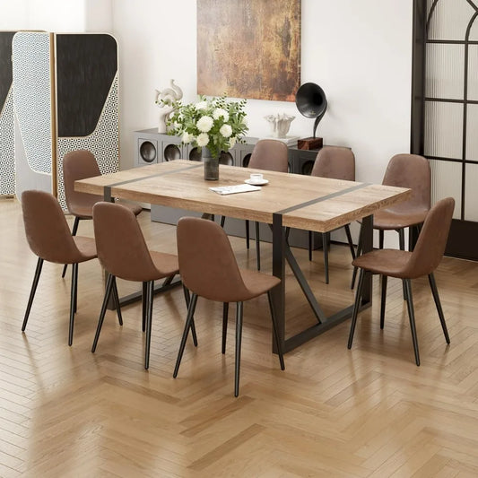 9 Piece Dining Table Set for 8 Desk Chair Modern 71'' Rectangle Wood Dining Table and Fabric Dining Chairs 8 Chaises Room Living