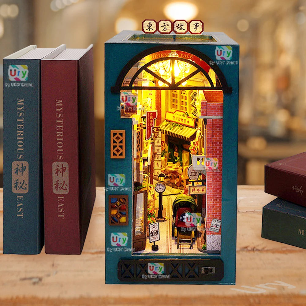 Ury 3D Wooden Puzzle Light LED Retro Shanghai Street Book Nook Shelf Kit Miniature Fairy Tale Town Bookshelf Toy Girl Xmas Gift