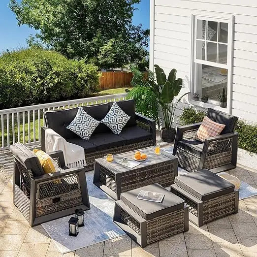 6 Pcs Outdoor Furniture Set, Wicker Recliner Chairs with Ottomans, Rattan Patio Set , Modern Outdoor Conversation Sofa Sets