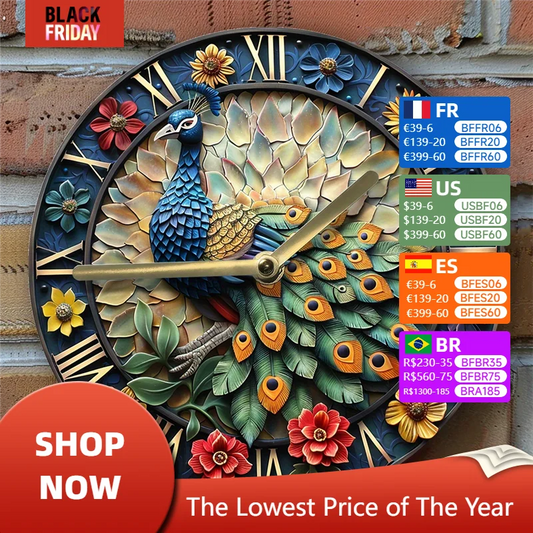 Peacock Wall Clock DIY Kit, Silent Movement, Decorative 2D High-Definition Print, Floral Peacock Design for Bedroom & Home Decor