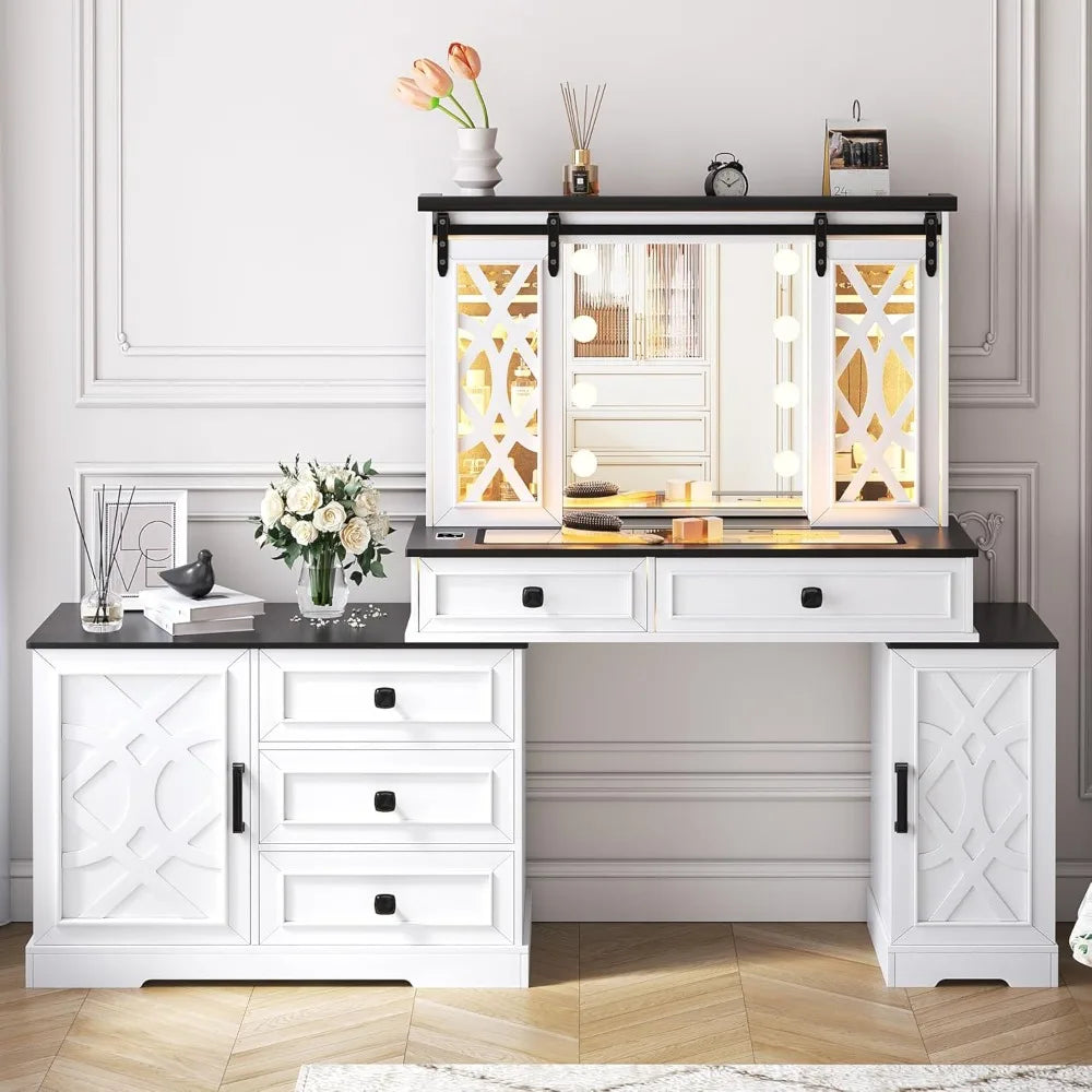 Vanity Desk with Mirror and Lights, Farmhouse Makeup Vanity with Jewelry Armoire Cabinet Storage, White Large Dresser Table