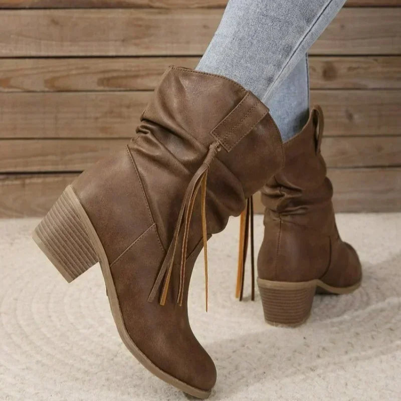 Women Vintage Brown Western Cowboy Boots Autumn Winter  Tassel PU Leather Ankle Booties Ladies Pleated High-heeled Mid-calf Boot