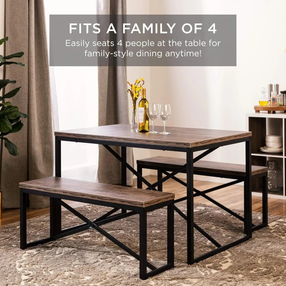 45.5in 3-Piece Bench Style Furniture Set, 4-Person Space-Saving Dinette for Kitchen, Dining Room w/ 2 Benches, Brown/Black