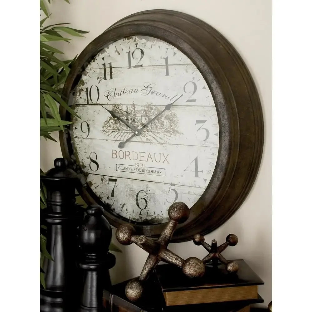 Vintage French-Inspired Metal Wall Clock with Bordeaux Theme Silent Quartz Mechanism 23" Diameter Romantic Nostalgia Antique