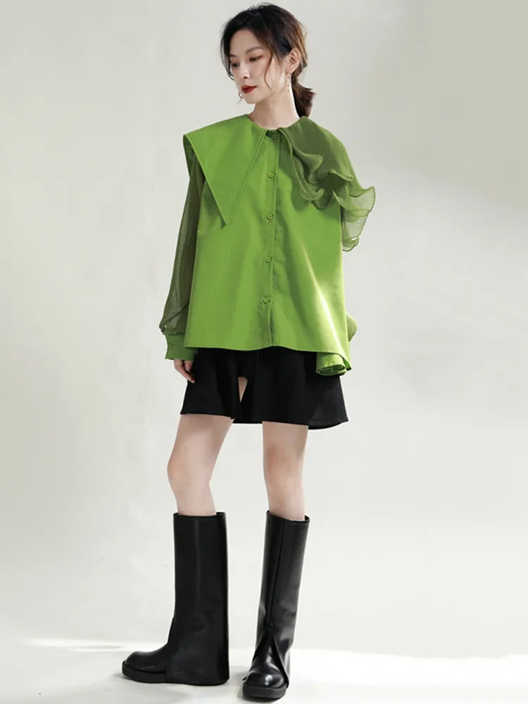 Women Green Pleated Belted Big Size Blouse New Lapel Long Sleeve Loose Fit Shirt Fashion Tide Spring Autumn 2024