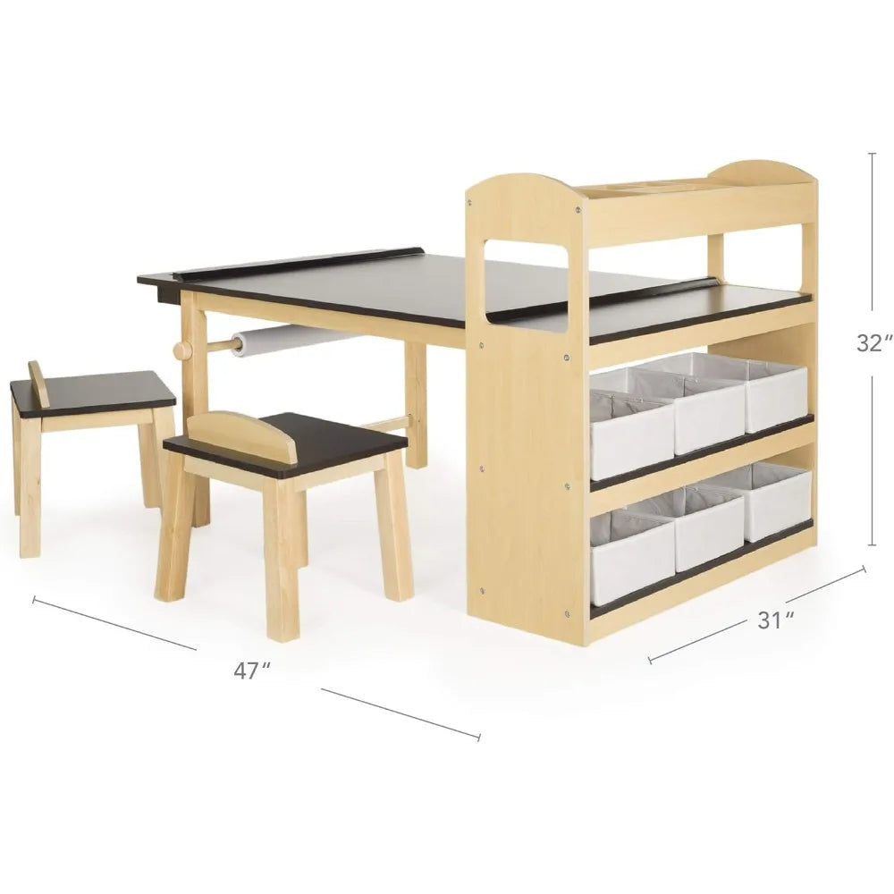 Deluxe Art Center: Kids Arts and Crafts Table and Chairs Set with Storage Shelves, Canvas Bins, Paper Roll, for Drawing,Coloring