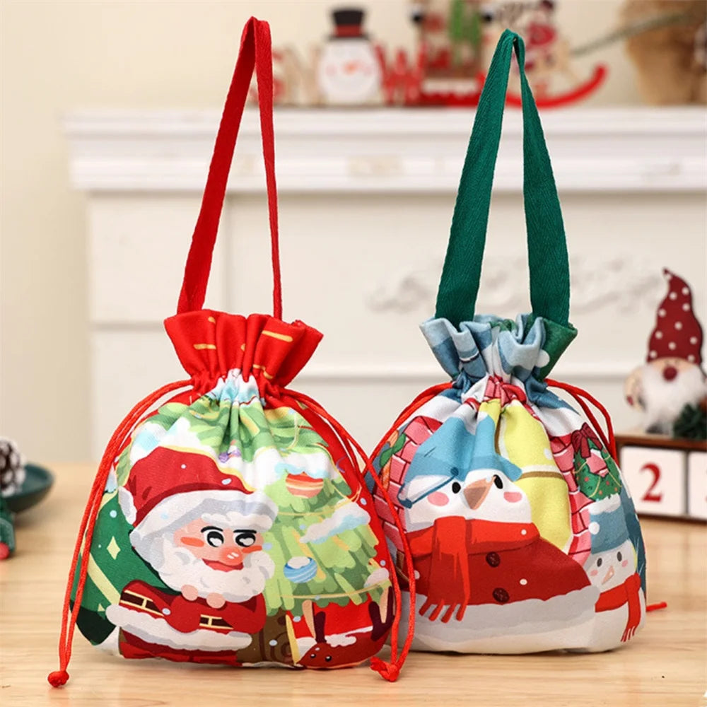 Christmas Cartoon Gift Bag with Handle Drawstring Pouch 2025 Xmas New Year Party Candy Snack Gift Packaging Storage Bags 1PCs