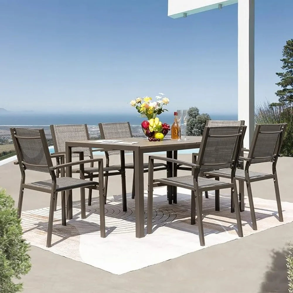 Patio Furniture Set for 7 Piece,with Weather Resistant Table 6 Stackable Textilene Chairs and Large Table, Outside Furniture Set