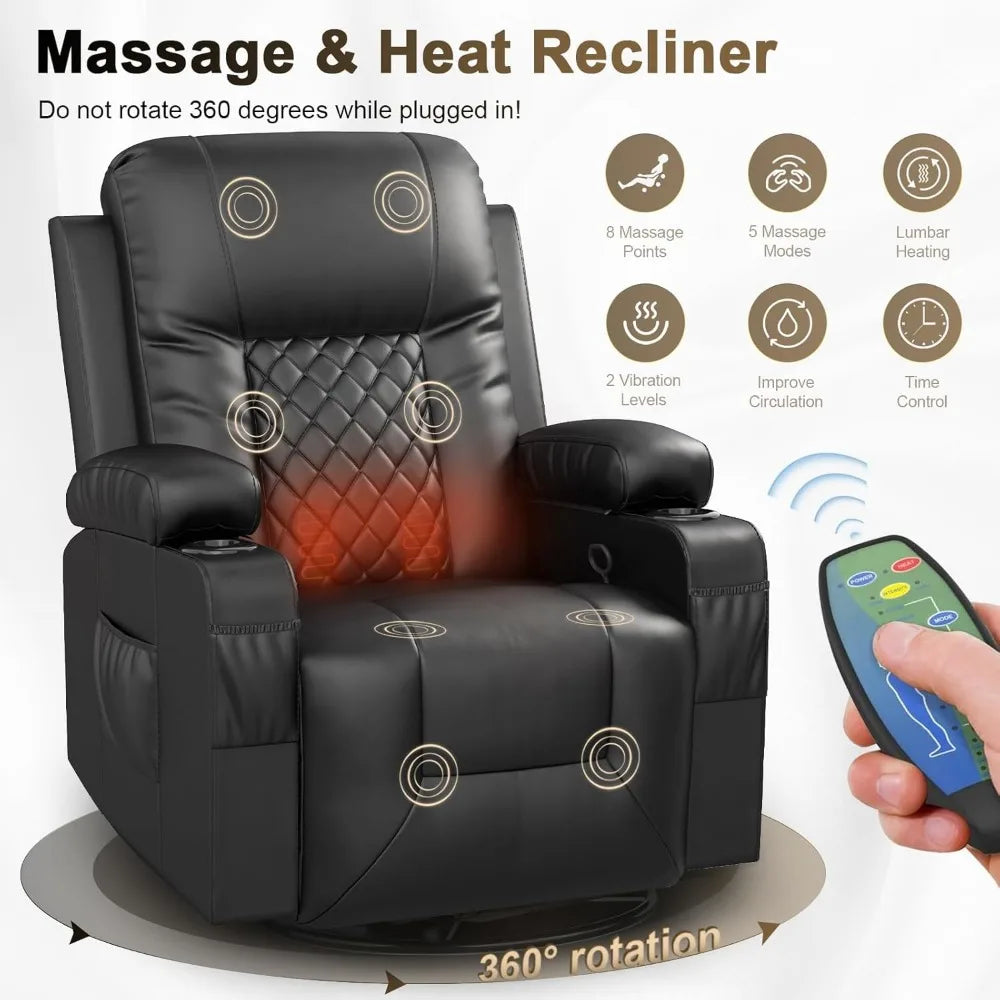 Recliner Sofa Set, Modern 3 Seat Reclining Sofa and 1 Seat 360° Swivel Recliner Chair with Heat and Massage for Living Room