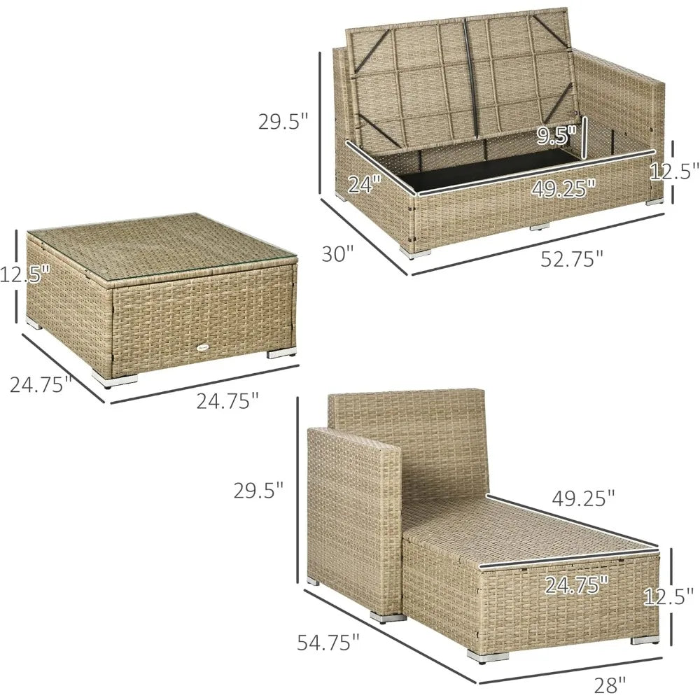 PE Rattan Conversation Sofa Set,with Storage Loveseat, Glass Top Coffee Table, 3 Piece Patio Wicker Furniture Set