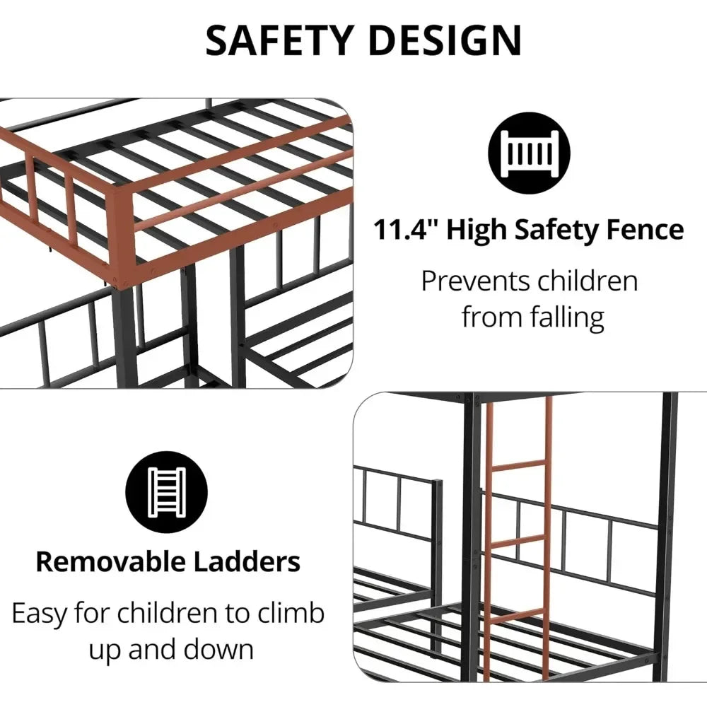 Triple Bunk Bed, Metal Twin Over Twin & Twin Bunk for 3 with Guardrails, Ladder & Upper-Platform, Detachable 3 Bunk for Children