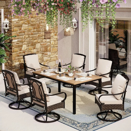 7 Pieces Patio Dining Set ,able Set for 6 with Wicker & Metal Swivel Chairs, Outdoor Table and Wicker Chairs Dining Set for 6