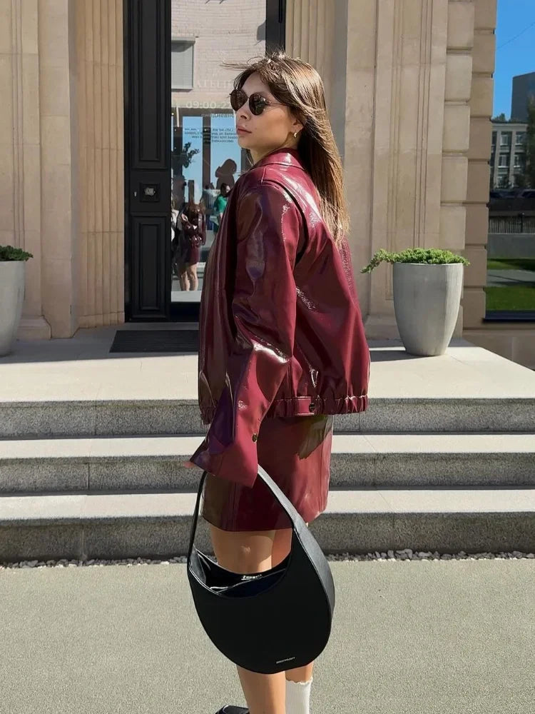 Chic Women Wine Red Leather Jacket Mini Skirt Suits Elegant Lapel Zipper Outwears Hip Wrapped Skirts 2 Piece Set Lady Outfits