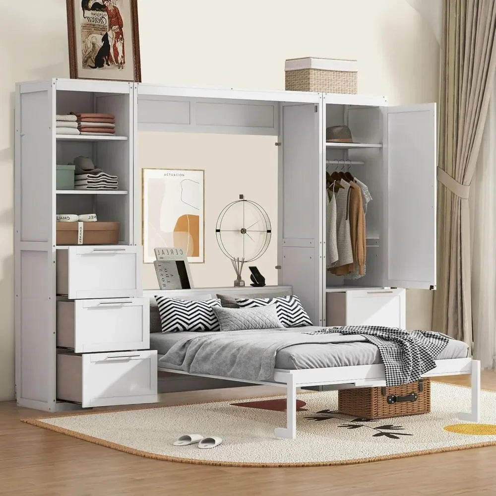 Queen Size Bed, Wooden Wall Bed with Shelves,bed, which easily folds into a cabinet,Gray  bed frame queen   cama