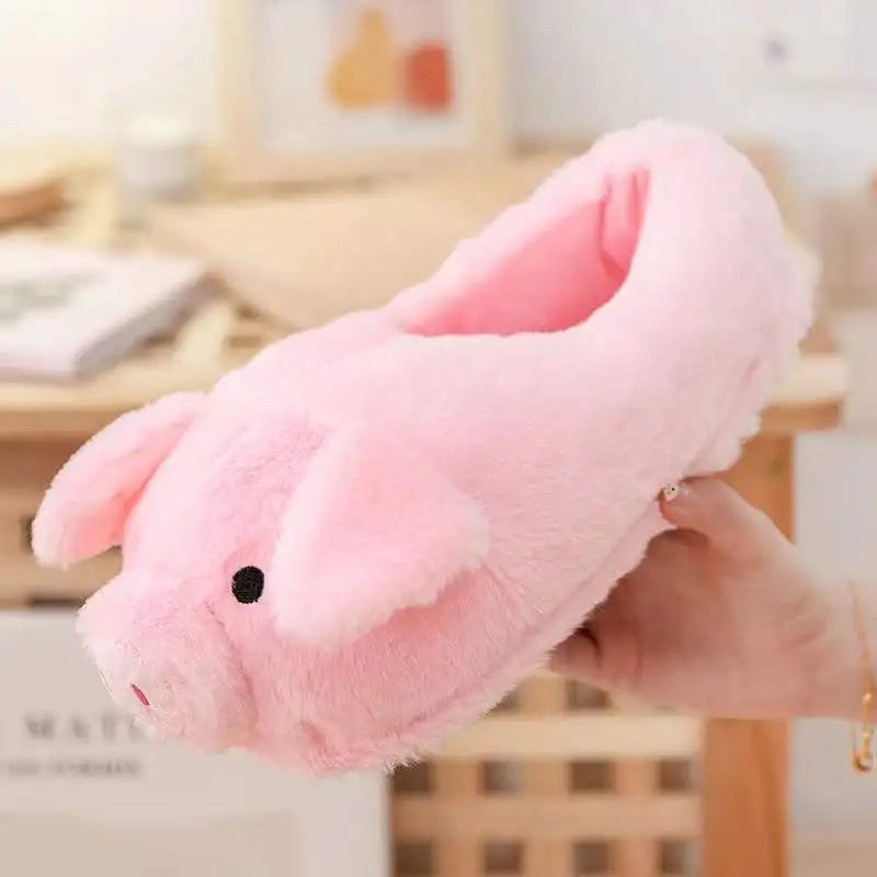 Cute Pig Winter New Women Slipper Heel Cover Warm Slippers Soft Fur Indoor Comfortable Fluffy Home Slides Girls Cartoon Footwear