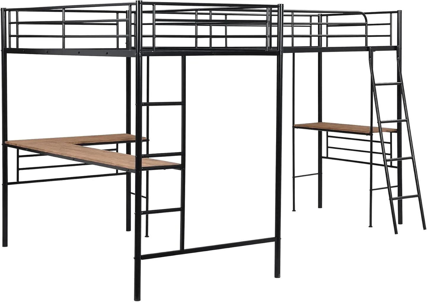 Size Loft Beds, Metal L-Shaped Loft Bed Frame with Two Desk Underneath for 2 Kids Boys Girls Teens, Black