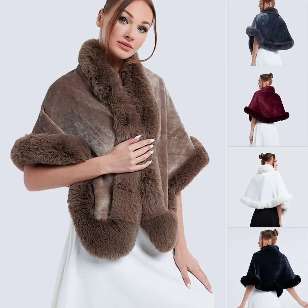 Fashion Winter Warm Plush Shawl Thicken Coat Faux Fur Collar Shawl Cloak Outer