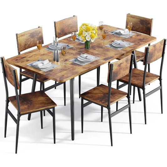 63” Extendable Dining Table Set for 4-6 People, 7-Piece Dining  Set for 6 People with 6 Chairs, MDF Wood Board Kitchen