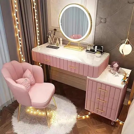 Vanity Desk, with 5 Storage Drawers, Stool and Organizers, Dressing Table with 3 Color Lighting Options, Vanity Desk Set