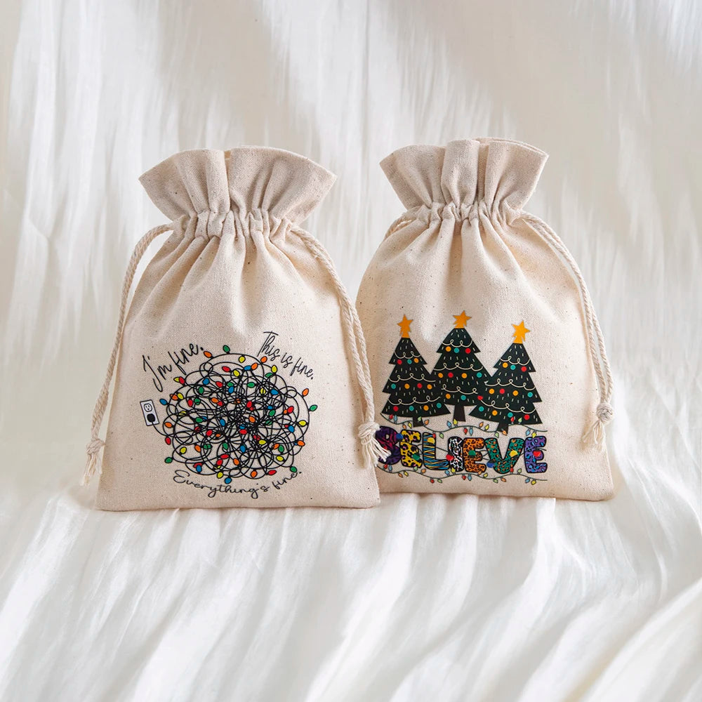 50pc Christmas Small Burlap Bags with Drawstring Candy Gift Bag Linen Treat Sacks Jewelry Wrapping Pouch Xmas Holiday Party Sack