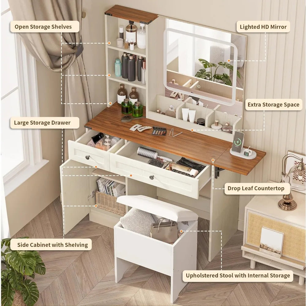 Vanity Desk with Large HD Mirror & Adjustable Lights, with Lots Storage with Hair Dryer Holder & Power Strip, Makeup Desk