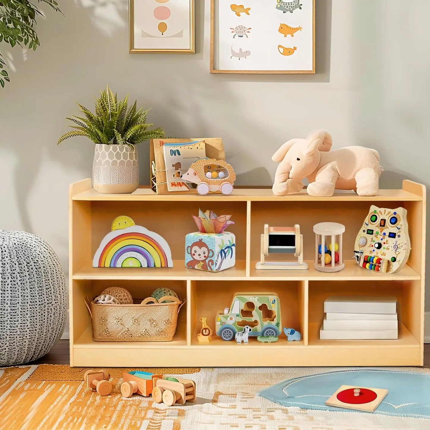 Wooden Toy Storage Organizer for Books Toys, 2 Shelf Bookcase, 5-Section Storage Cabinet, Toddler Book Shelf for Kids Rooms