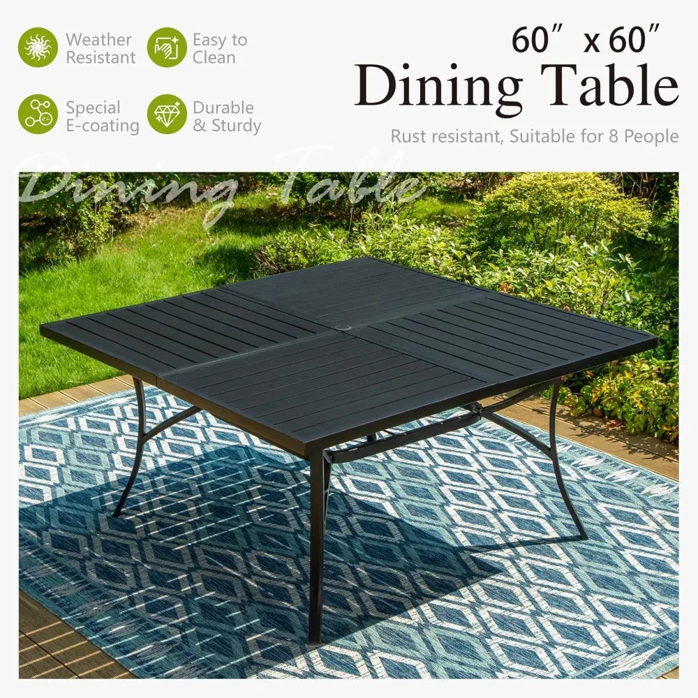 9 Pieces Patio Dining , 60" Large Square Patio Table and Rattan Chairs Set,able Set for Outside, All Weather Outdoor Dining Set