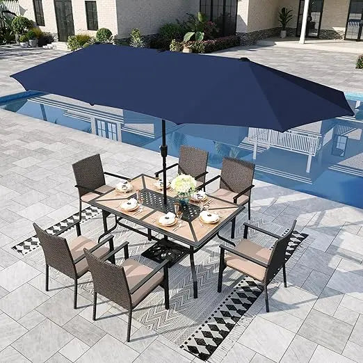 7 Pieces Outdoor Patio Dining Set, with13ft Umbrella ,Cushioned Rattan Chairs Set with Patio Umbrella, Outdoor Dining Table Sets