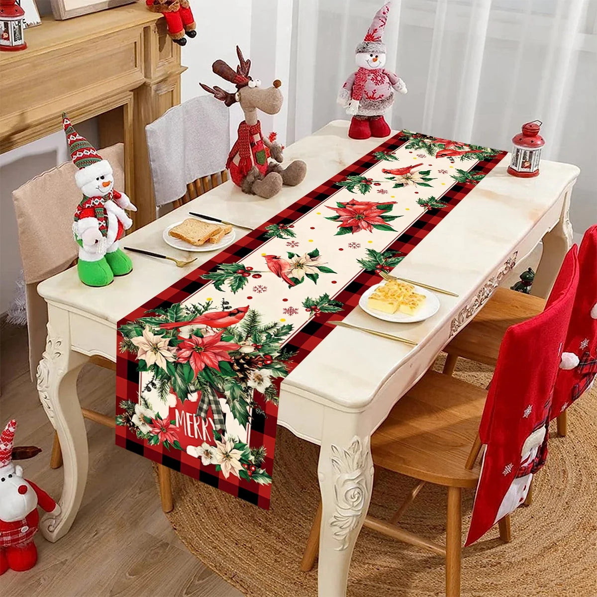 35x180cm Christmas Table Runner Cartoon Santa Claus Snowman for Xmas Tree Xmas Decor in Red and Black Checkered Tablecloth