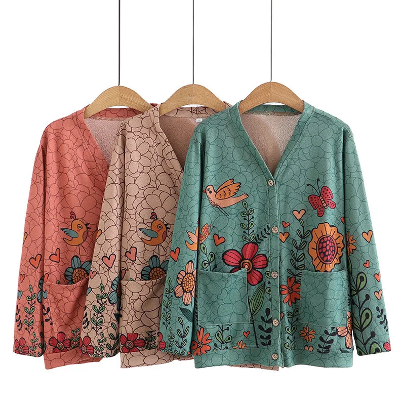 8XL Plus Size Cardigan Women 2023 Spring Print V-Neck Two Pockets Jumpers Long Sleeve Outewear Oversize Curve Clothes