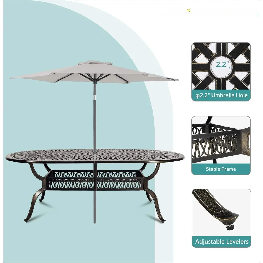 9-Piece Outdoor Furniture Dining Set,with 8 Chairs,1 Oval Table, 2" Umbrella Hole, All Weather Cast Aluminum Patio Garden Set