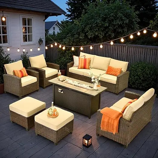 Wicker Patio Furniture Sets ,w/Fire Pit Table, All Weather Outdoor Furniture Conversation Set, 7-Piece Patio Sectional Sofa