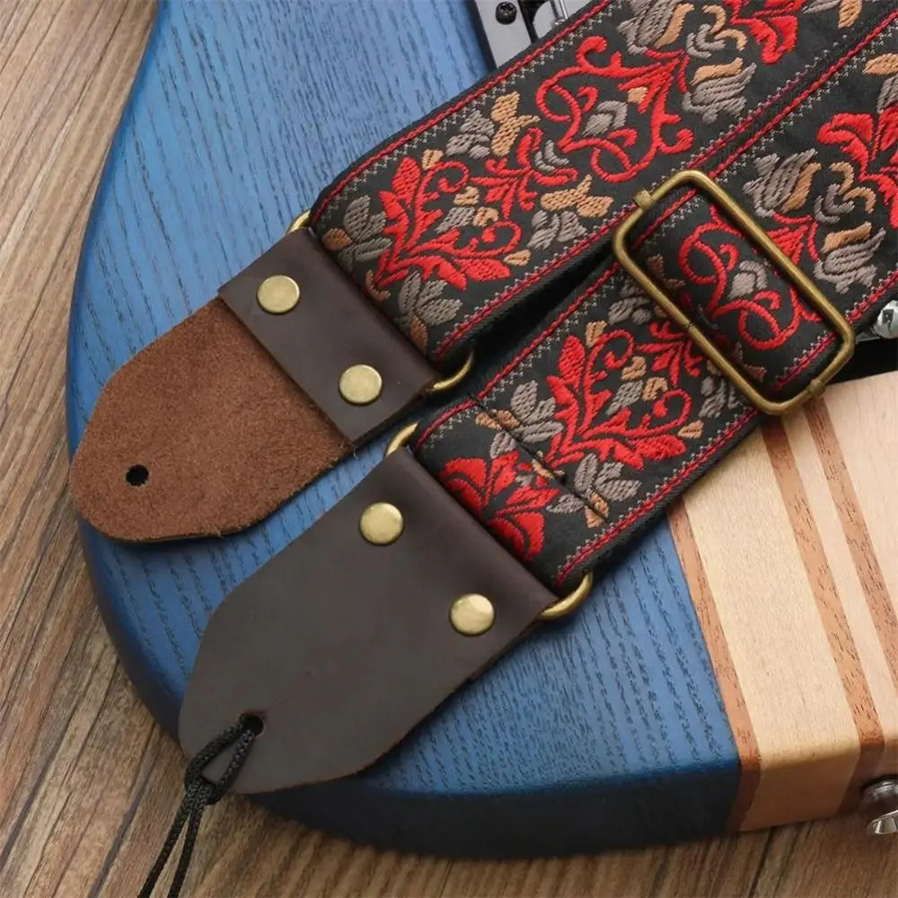 Vintage Flowers Embroidered Guitar Strap Leather Head Adjustable Guitar Strap Belt Cotton Tail Nail Pick Electric Guitar Belt