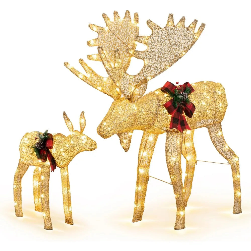 2-Piece 3D Lighted Christmas Reindeer Family, Pre-Lit Gold Christmas Decor Deer with 170 Warm White LED Lights