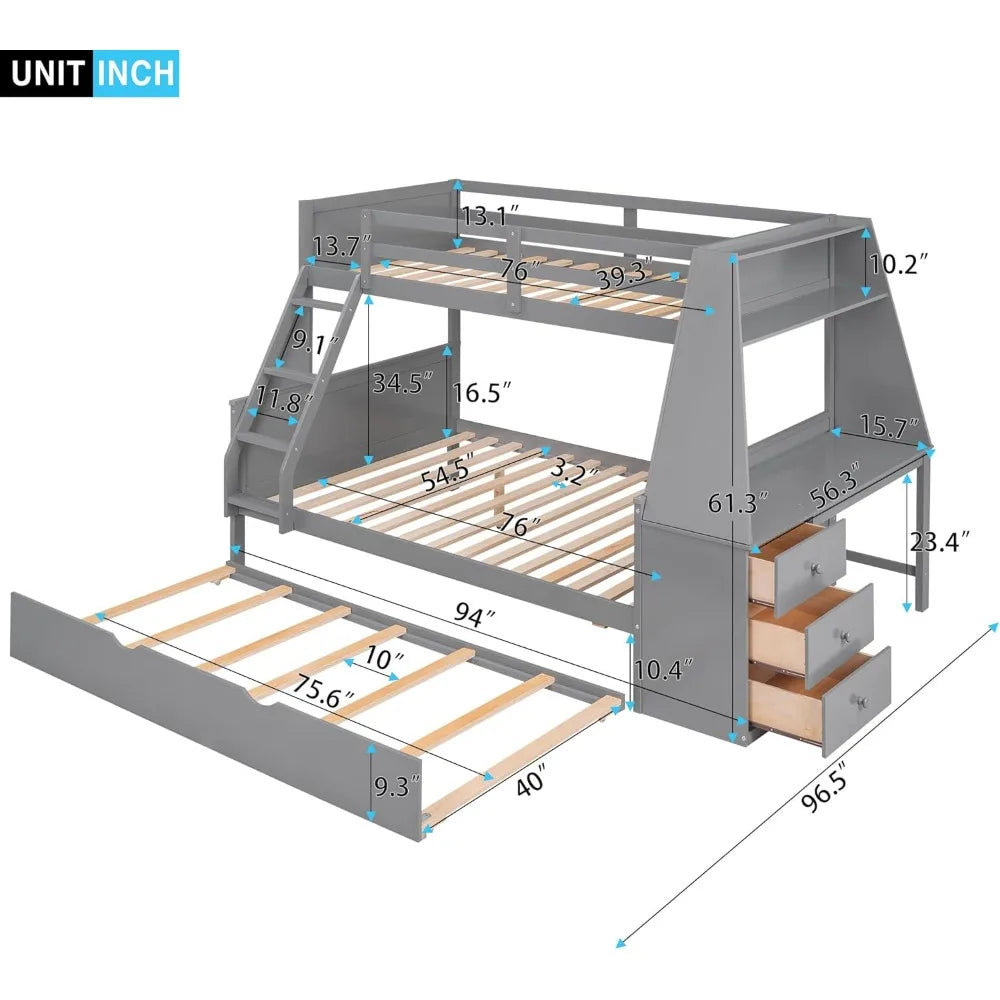 Twin Over Full Bunk Bed, Wood BunkBed Frame with Trundle and Built-in Desk, Three Storage Drawers and Shelf, Space-Saving Design