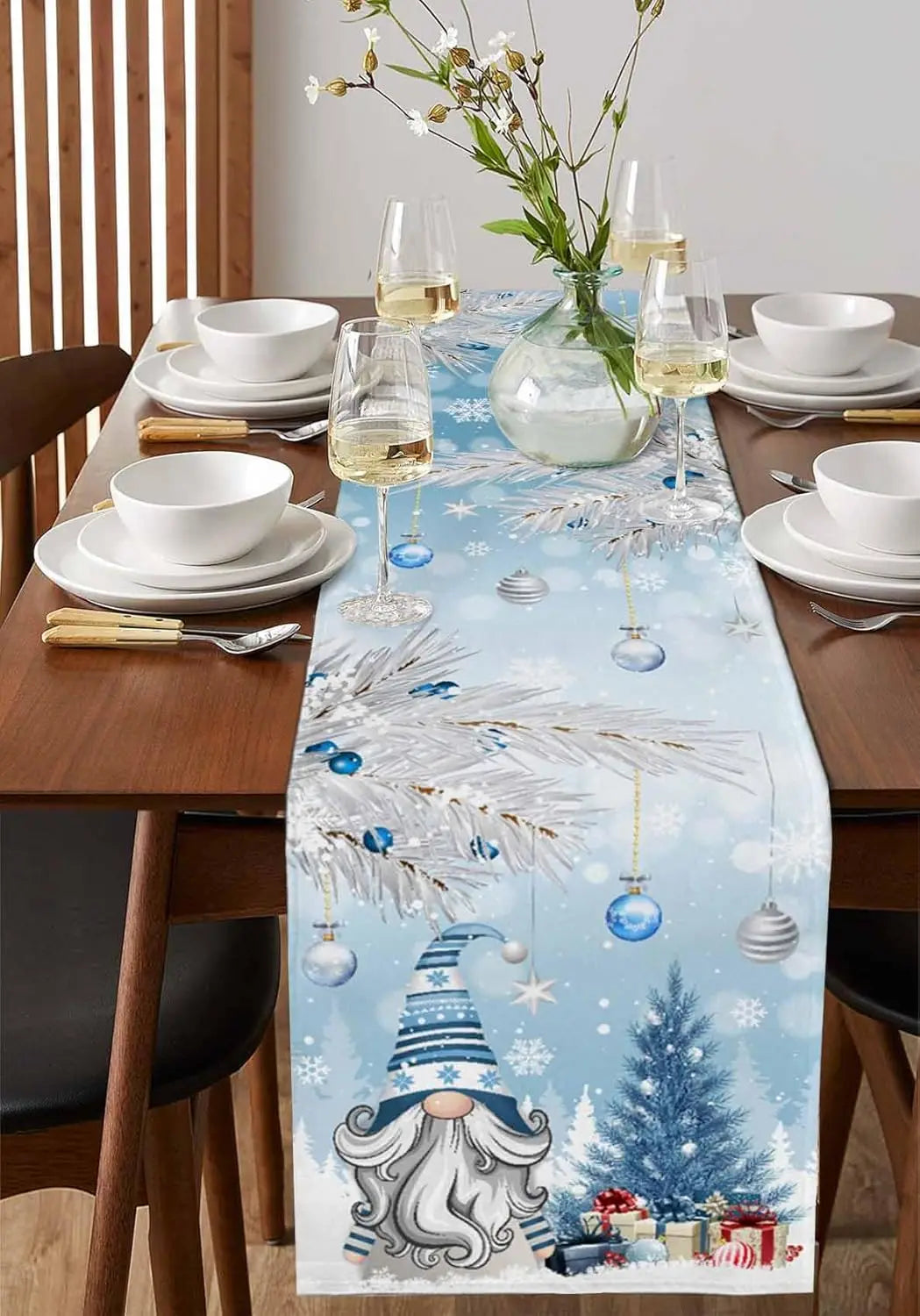 Christmas Blue Gnomes Linen Table Runners Holiday Party Decor Kitchen Dining Table Runners Dresser Scarf Decor Christmas Decor