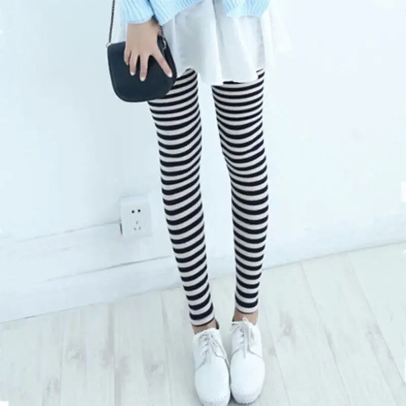 Womens Autumn Ankle Length Skinny Leggings Black White Horizontal Striped Printing Pencil Pants Stretch Casual Tights