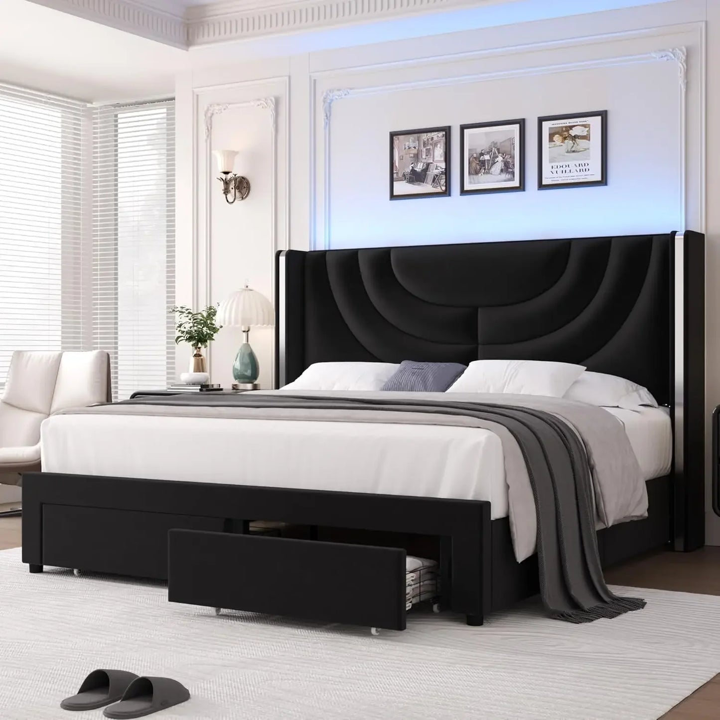 King Upholstered LED Bed Frame with 2 Storage Drawers, Velvet Platform Bed with Wingback Headboard, Headboard Splicing Design